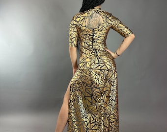 Gold Dress, Festival Fashion,Mesh Dress, Futuristic clothing, showgirl costume, trending now, exotic dance wear.