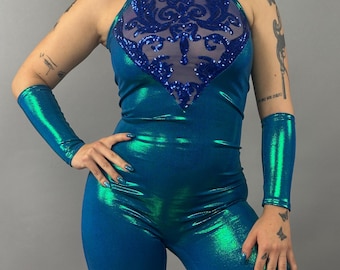 Ethereal Blue Fairy Catsuit: Rave Festival Gymnastic Contortion Aerialist Costume for Exotic Dance Performance