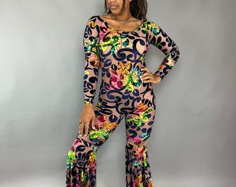 Disco jumpsuit.Coachella outfit, Trending Now, exotic Dance wear, Bohemian pants