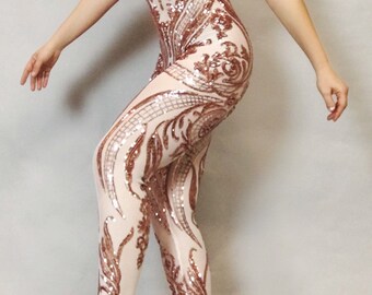 Beautiful sequins jumpsuit,Showgirl costume, wedding bodysuit for woman or man, sheer clothing, bellydance costume, bridal wear.