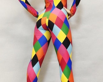 Harlequin costume, new trend, spandex catsuit , bodysuit for woman or man. Exotic dance wear