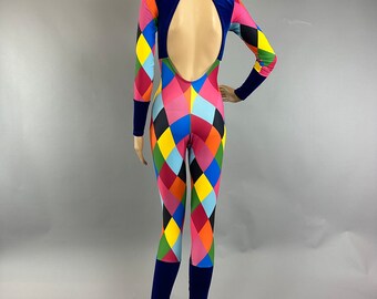 Harlequin costume, new trend, spandex catsuit , bodysuit for woman or man. Exotic dance wear, gymnastic uniforms