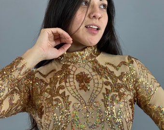 Gold Fairy Costume, Sequin jumpsuit, Beautiful Exotic Dance wear, disco night , club outfit, Gymnastic Unitard, Trending now.