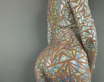 Beautiful Sheer Bodysuit, Exotic dance wear, see-trough catsuit, Trending Now, iridescent Costume. Festivals fadhion