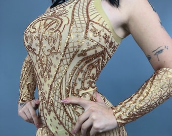 Sequin Sheer Bodysuit: Contortionist Costume, Gymnast Dancewear, Wedding Jumpsuit, Aerialist Outfit