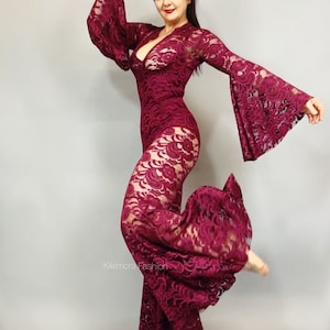 Burgundy Lace Catsuit: Bell Sleeve Festival Jumpsuit