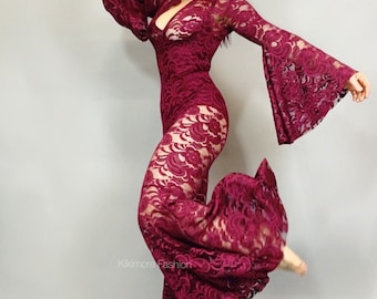 Sheer Jumpsuit, Cher Costume, Beautiful Lace costume, Festival outfit, Trending now. exotic dance wear.