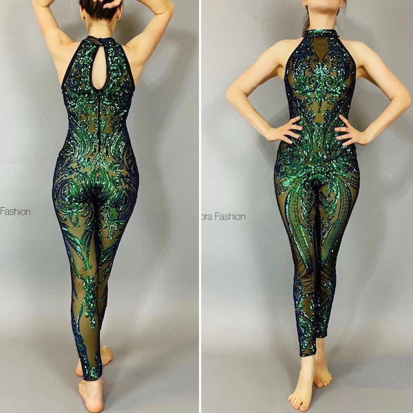 Deep Forest. Glamour Catsuit, sequins jumpsuit, stage costume, gymnastic and party outfit.