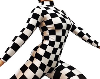 Checkers print, catsuit costume, Exotic Dance wear, Neon Glow, Circus outfit.Trending now.