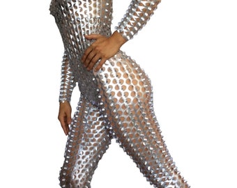 Futuristic Silver Robot Bodysuit | Unisex Costume for Exotic Dance, Cosplay, Burlesque & Aerial Performance