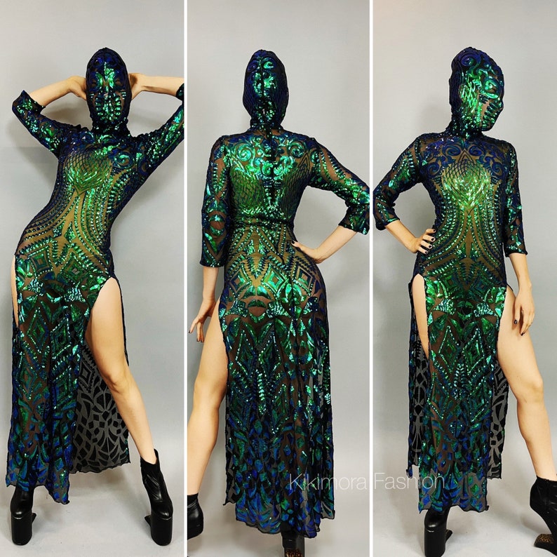 Beautiful Sequins Dress, Festival Fashion, Futuristic clothing, alien Headpiece , trending now . 