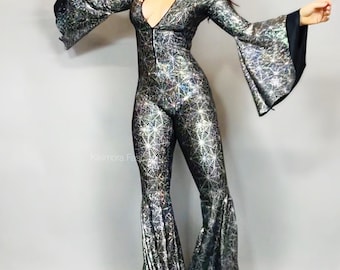 Disco jumpsuit. Custom Bell bottom Catsuit. Elegant Party jumpsuit. Made by measure.trending now exotic dance wear