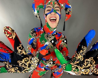 Joker costume, jester  bodysuit, Exotic dance wear, Festival fashion, party outfit, Circus print, trending now. Mardi Gras festival