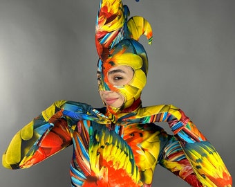 Parrot costume, Exotic dance wear, Festival fashion, party outfit, Circus print, trending now. Mardi Gras festival