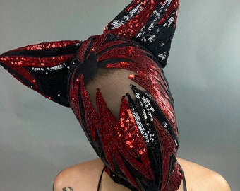 Cat Ears Sequin Headpiece,Festival Headpiece,Beautiful Sequin face mask,Fantasy creature,Futuristic Clothing, Sequin Face mask,Trending Now.
