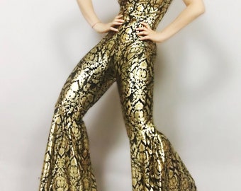 Glamorous Gold,black shiny catsuit! Bellbottom pants hippie festival costume, trending now, exotic dance wear