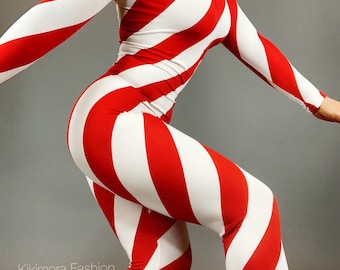 Festive Candy Cane Showgirl Spandex Jumpsuit for Performers