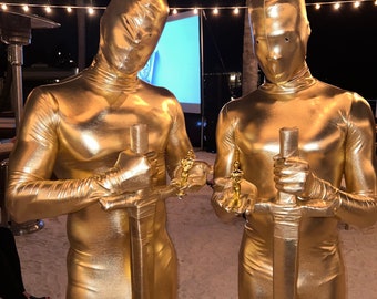 Oscar-Inspired Gold Futuristic Cosplay Costume: Men's Festival Fashion Bodysuit for Dance & Performance