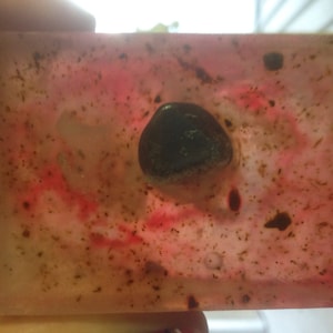 Op de afbeelding: Een transparante, rechthoekige zeepstaaf met een roze en bruine marmerlook. Een donkerbruin, rond object is ingebed in de zeep.