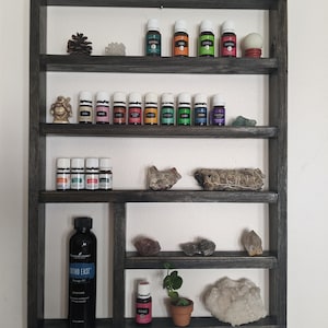 ESSENTIAL OIL SHELF wooden shelf stained urethaned crystals