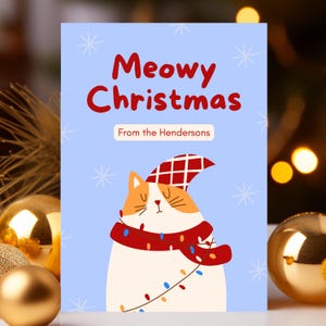 Modèle numérique de carte de Noël miaou, carte de Noël drôle de chat, modèle modifiable, carte de voeux de vacances Kitty, Noël imprimable, mignon