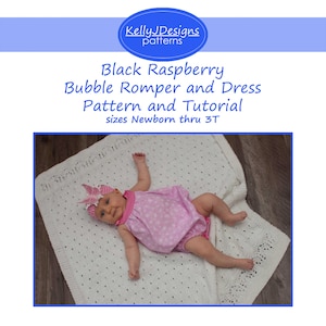 Puede incluir: Un patrón y un tutorial para un body y un vestido de burbuja rosa para recién nacidos hasta 3T. El patrón incluye instrucciones para coser un body y un vestido de burbuja. La imagen muestra un bebé con un body de burbuja rosa con lunares blancos.