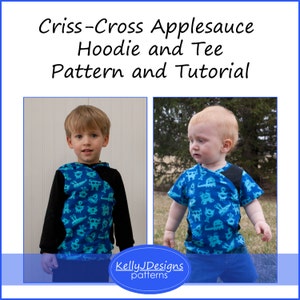 Puede incluir: Dos niños vistiendo una sudadera con capucha y una camiseta cruzadas de color negro y azul con un estampado de monstruo. El texto "Criss-Cross Applesauce Hoodie and Tee Pattern and Tutorial" está en la parte superior de la imagen. El texto "KellyJDesigns patterns" está en la parte inferior de la imagen.
