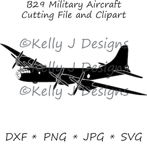 Puede incluir: Silueta en blanco y negro de un avión militar B29. El avión se muestra en vuelo con las alas extendidas y la cola en el aire. La imagen es un archivo de corte digital y un clipart.