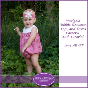 May include: A pink bubble romper, top, and dress sewing pattern and tutorial for sizes newborn to 3T. The pattern is called "Marigold" and is from Kelly J Designs.