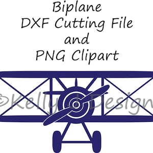 May include: A blue silhouette of a biplane with a propeller. The text "Biplane DXF Cutting File and PNG Clipart" is above the plane.