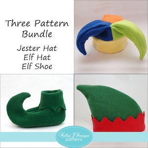 May include: A Three Pattern Bundle featuring a jester hat, elf hat, and elf shoe. The jester hat is blue, orange, and lime green with a yellow band. The elf shoe is dark green with a curled toe. The elf hat is dark green with a red zigzag brim.