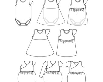 PATRÓN PAQUETE Body con falda Azalea y mameluco burbuja Clematis Patrones de costura PDF Body y mameluco para bebés y niños pequeños