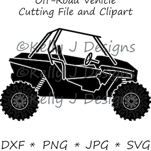 May include: Black and white silhouette of an off-road vehicle with a roll cage. The vehicle has four wheels and is facing to the right. The image includes the text "Off-Road Vehicle Cutting File and Clipart" and "Kelly J Designs".