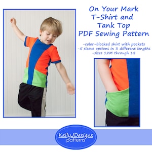 Puede incluir: Patrón de costura PDF para una camiseta y un top de tirantes de colores con bolsillos. El patrón incluye 5 opciones de manga en 3 longitudes diferentes y tallas de 12M a 18. La imagen muestra a un niño usando la camiseta con un diseño de bloques de color azul, verde y naranja.