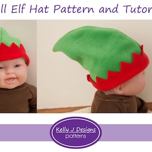 May include: A green and red elf hat pattern and tutorial for dolls. The hat is made of fleece and has a pointed top with a red trim. The tutorial is by Kelly J Designs.