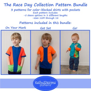 May include: Three sewing patterns for colour-blocked shirts with pockets for children. The patterns include "On Your Mark", "Get Set", and "Go!" and are available in sizes 12 months to 18 months.