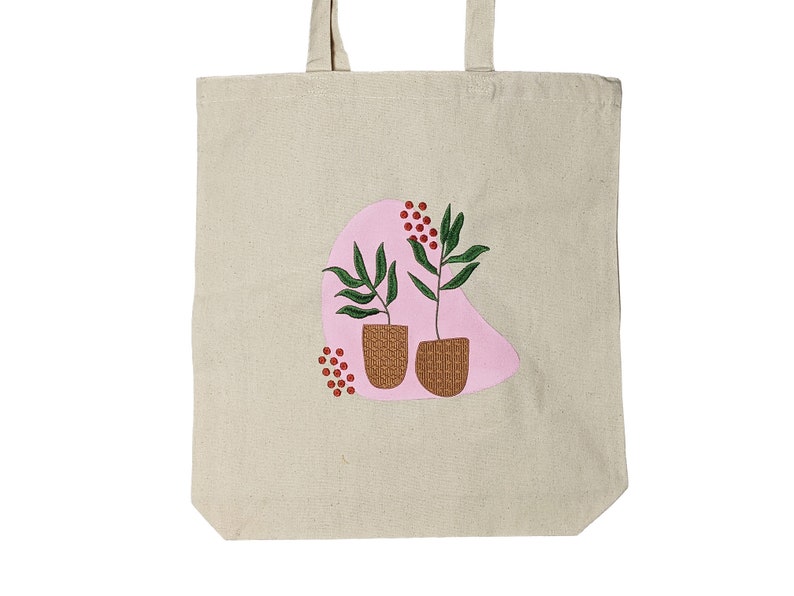 Hand Painted Plant Embroidered Tote Bag, Eco-Friendly Farmers' Market Shopping Bag image 3