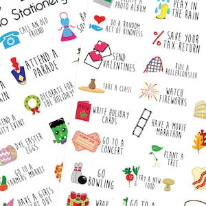 May include: A set of colorful stickers with various activities to do, such as "Attend a Parade", "Carve a Pumpkin", "Go Bowling", "Write Holiday Cards", and "Play in the Rain".