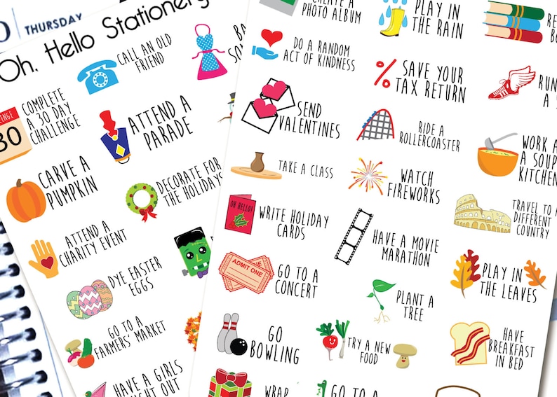 May include: A set of colorful stickers with various activities to do, such as "Attend a Parade", "Carve a Pumpkin", "Go Bowling", "Write Holiday Cards", and "Play in the Rain".