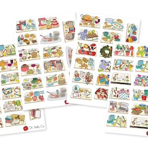 May include: Four sheets of stickers with colorful illustrations of various objects and scenes. Each sticker sheet features multiple small images of food, kitchen items, and holiday-themed objects. The text "Oh Hello Co" is visible on the bottom right corner.