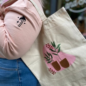 Hand Painted Plant Embroidered Tote Bag, Eco-Friendly Farmers' Market Shopping Bag image 2