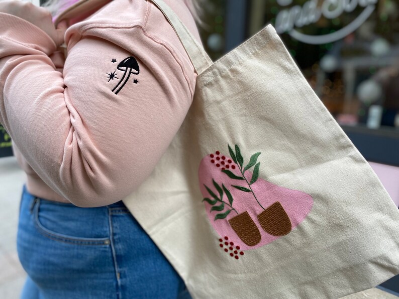 Hand Painted Plant Embroidered Tote Bag, Eco-Friendly Farmers' Market Shopping Bag image 2