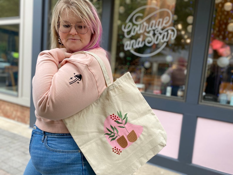 Hand Painted Plant Embroidered Tote Bag, Eco-Friendly Farmers' Market Shopping Bag image 1