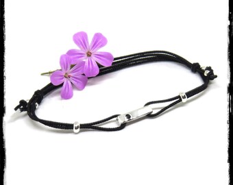 Sliding design bracelet "Point barre!" with pure black silk cord - black enamels - geometric shape in contemporary design - Sterling silver