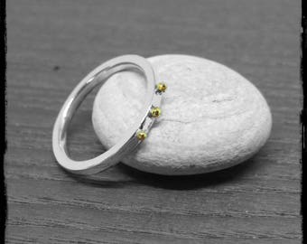 Sterling silver and gold-plated 3-face flat ring - Contemporary engagement ring - Designer jewelery- Silver single ring and gold balls