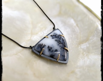 Dendritic opal choker pendant necklace - Sterling silver and 9k gold - ethnic chic style