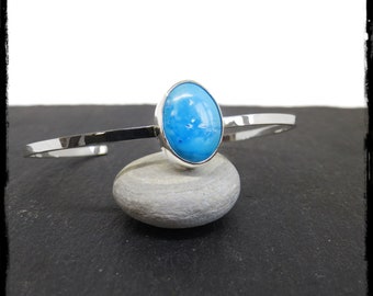 Bracelet jonc ouvert en argent massif et turquoise naturelle