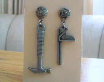 Tool earrings! A hammer and a square, vintage post back earrings