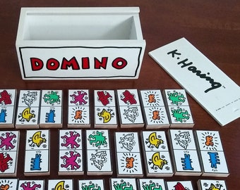 Keith Haring domino game set, Original wooden vintage art dominos, original box, Estate of Keith Haring American Artist 1992 Made in France