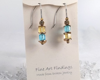 Blue and yellow Lucite beads with textured gold accents, earrings made from broken jewelry, handmade, upcycled, recycled, ooak